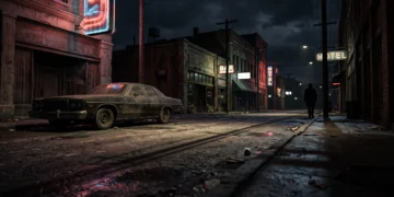 A neon-lit Tulsa street at night with long shadows in a crime-noir style.