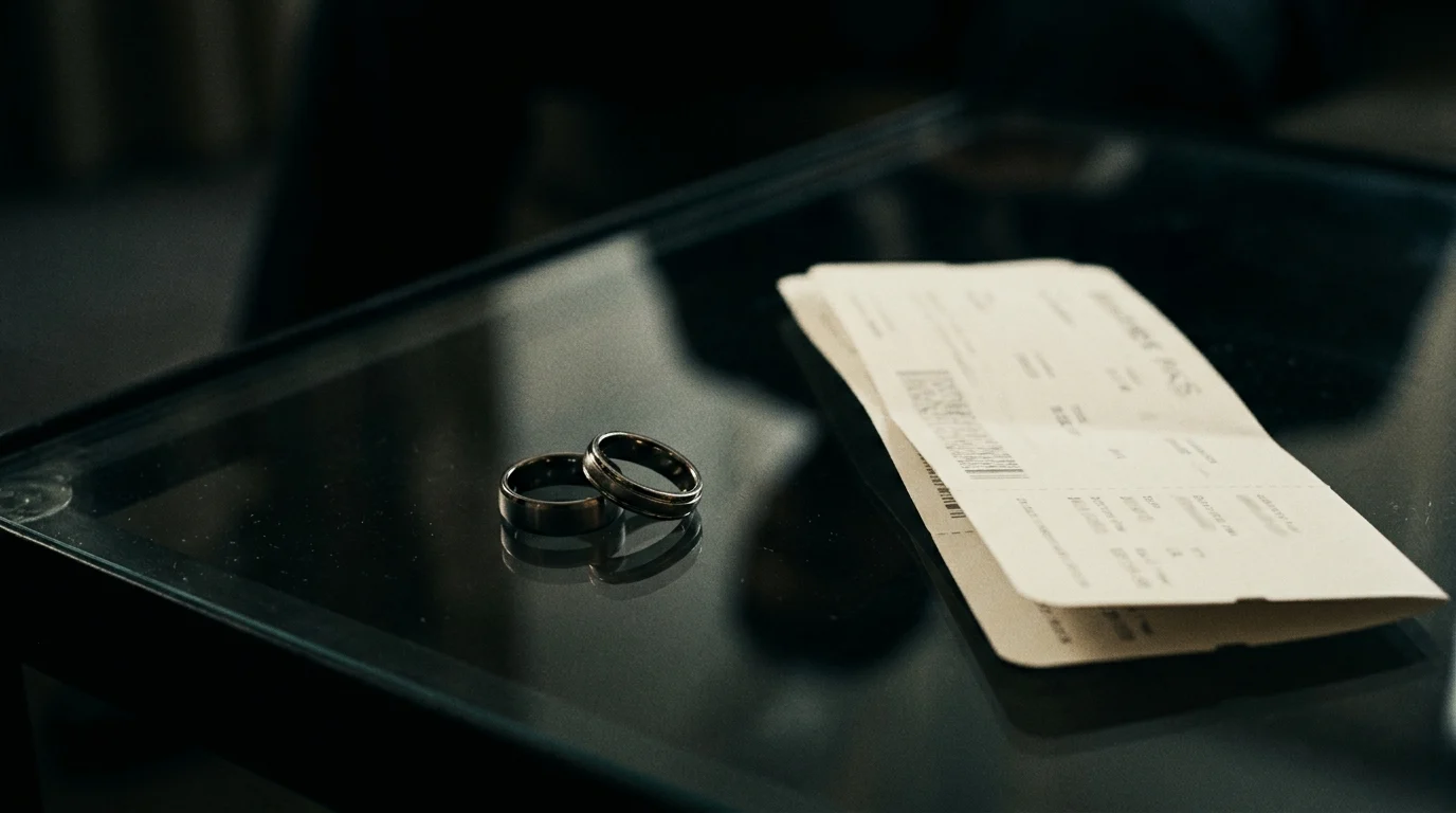 Two wedding rings and a boarding pass on a dark surface, symbolizing the plot of 's .