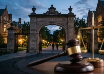 A conceptual image representing a legal investigation at a university campus.