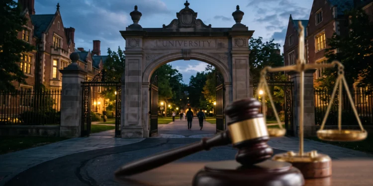 A conceptual image representing a legal investigation at a university campus.