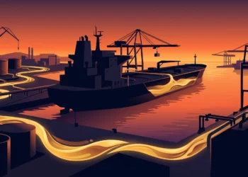 A conceptual image of a fuel tanker at an industrial shipping port.
