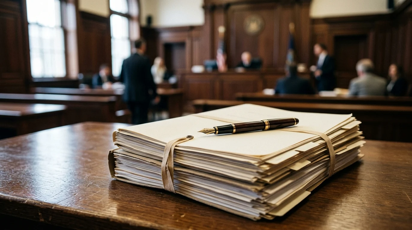 Legal documents on a desk representing the anthology structure of the series.