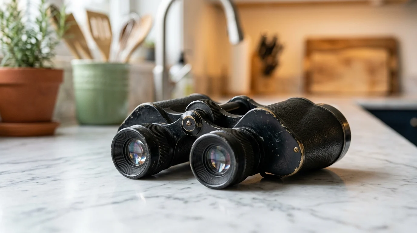Binoculars sitting on a marble surface.