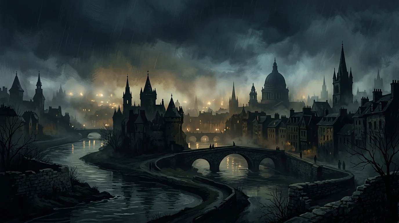A dark silhouette of a European city at night reflecting in a river.