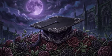 A gothic graduation cap and thorny roses under a purple sky representing the end of a senior year.