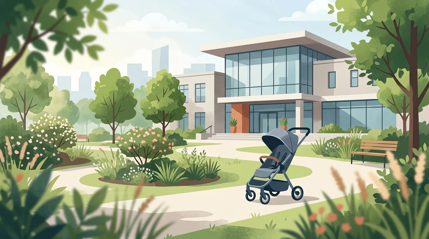 A minimalist architectural view of a city hall with a baby stroller in the foreground.